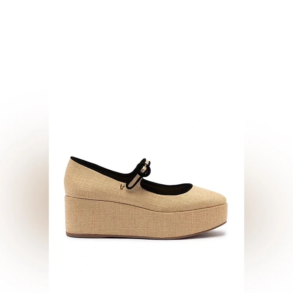 Larroude | Blair Platform Mary Jane Shoes In Raffia Beige Black Size 6.5 NEW